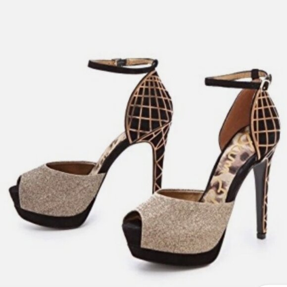 Sam Edelman Paulette Heel Gold Black Peep Toe Pump - Picture 6 of 6